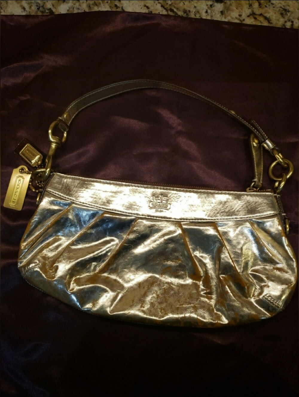 Coach Metallic Gold Leather Shoulder Clutch Hobo Bag
